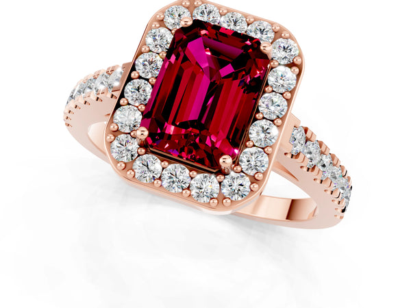 Rose gold Emerald Cut Garnet Halo Ring with Round Pavé Split Shank and Prong Setting