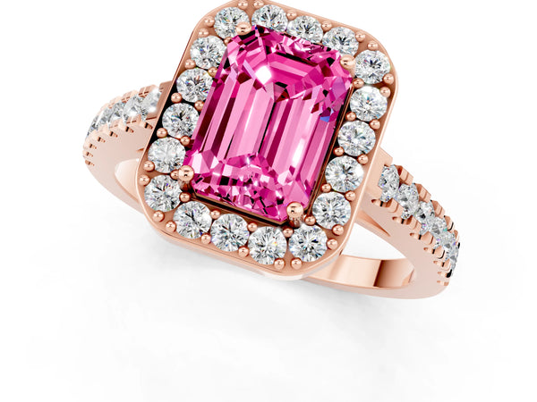 Rose gold Emerald Cut Pink Sapphire Halo Ring with Round Pavé Split Shank and Prong Setting