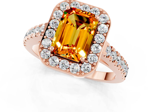 Rose gold Emerald Cut Citrine Halo Ring with Round Pavé Split Shank and Prong Setting
