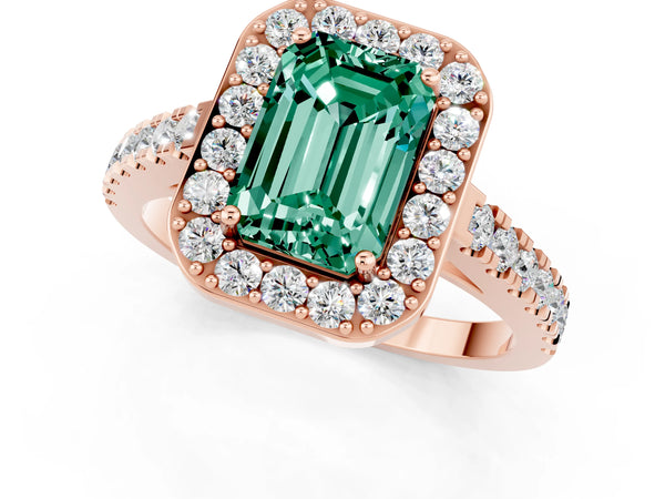 Rose gold Emerald Cut Green Sapphire Halo Ring with Round Pavé Split Shank and Prong Setting