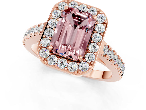 Rose gold Emerald Cut Halo Diamond Ring with Pavé Band and Three-Prong Setting