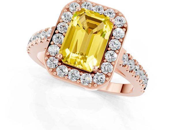 Rose gold Emerald Cut Yellow Sapphire Halo Ring with Round Pavé Split Shank and Prong Setting