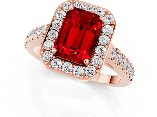 Rose gold Emerald Cut Ruby Halo Ring with Round Pavé Split Shank and Prong Setting
