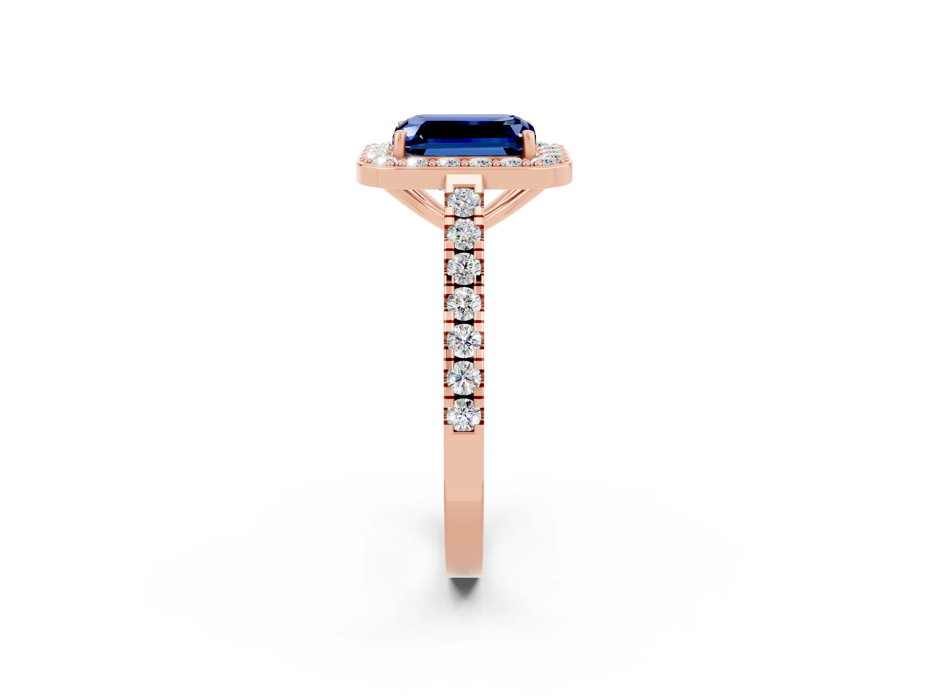 Rose gold Emerald Cut Halo Diamond Ring with Pavé Band and Three-Prong Setting_2