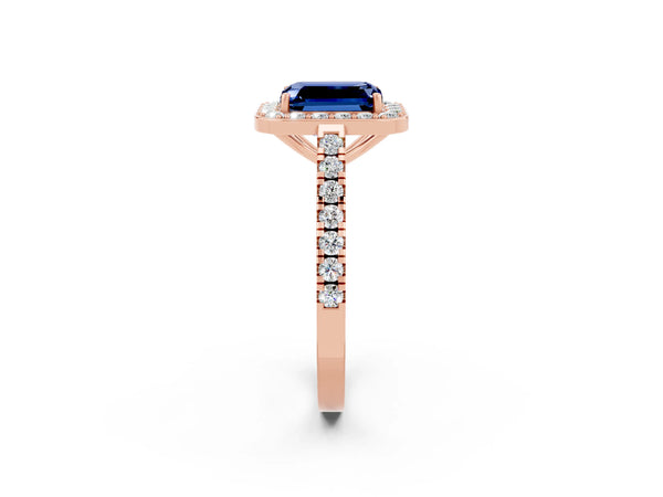 Rose gold Emerald Cut Blue Sapphire Halo Ring with Round Pavé Split Shank and Prong Setting