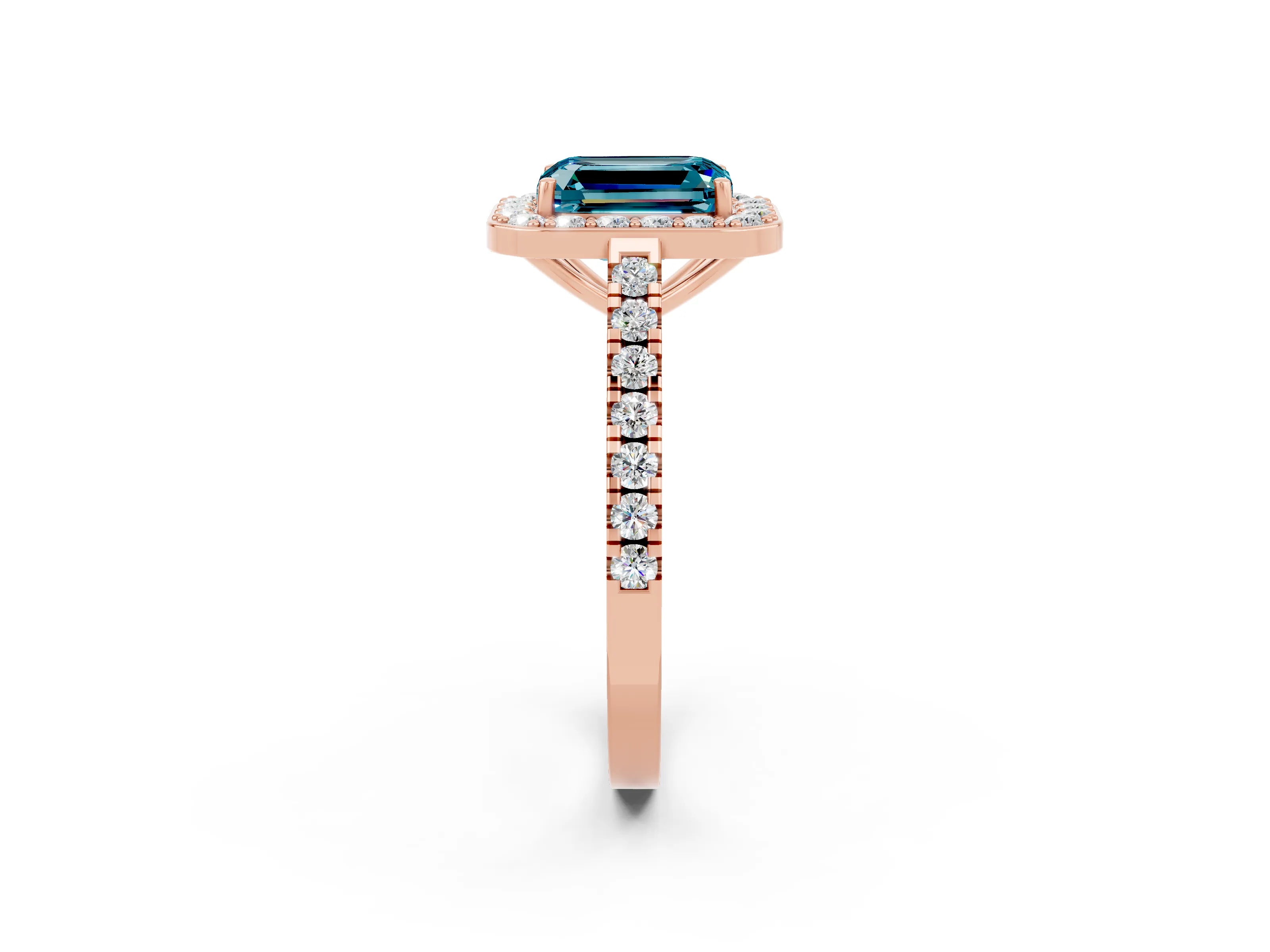 Rose gold Emerald Cut Halo Diamond Ring with Pavé Band and Three-Prong Setting_2