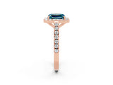 Rose gold Emerald Cut Halo Diamond Ring with Pavé Band and Three-Prong Setting_2