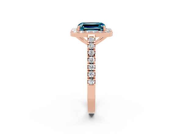 Rose gold Emerald Cut Halo Diamond Ring with Pavé Band and Three-Prong Setting