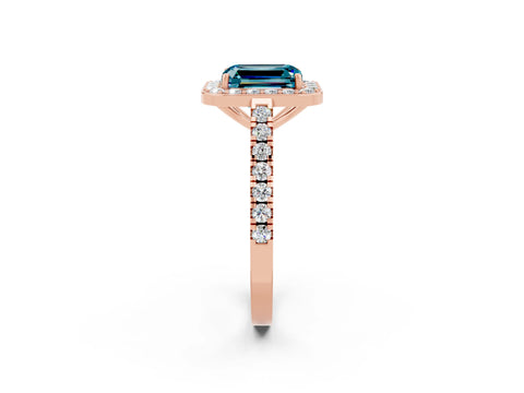 Rose gold Emerald Cut Halo Diamond Ring with Pavé Band and Three-Prong Setting_2