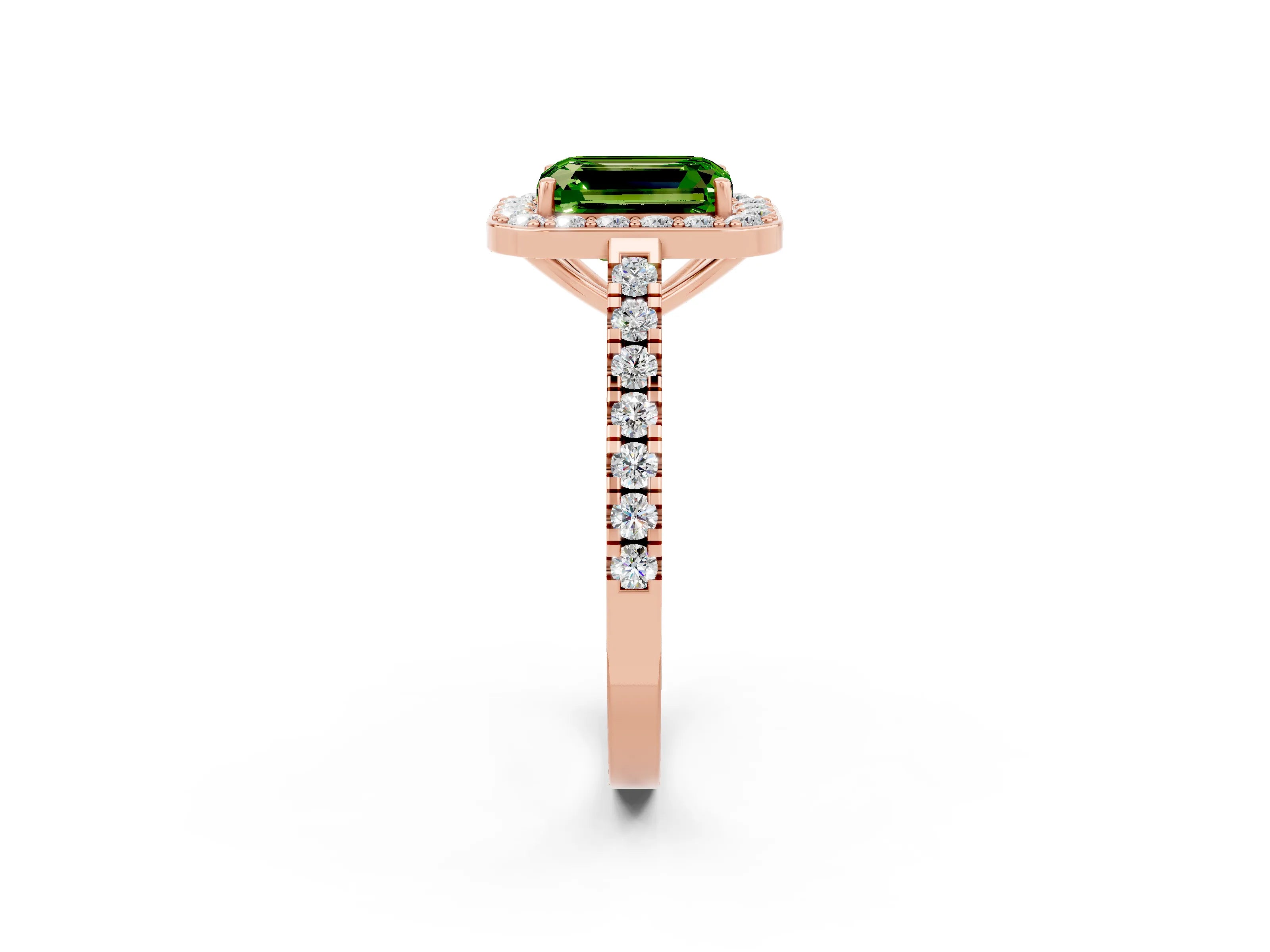 Rose gold Emerald Cut Halo Diamond Ring with Pavé Band and Three-Prong Setting_2