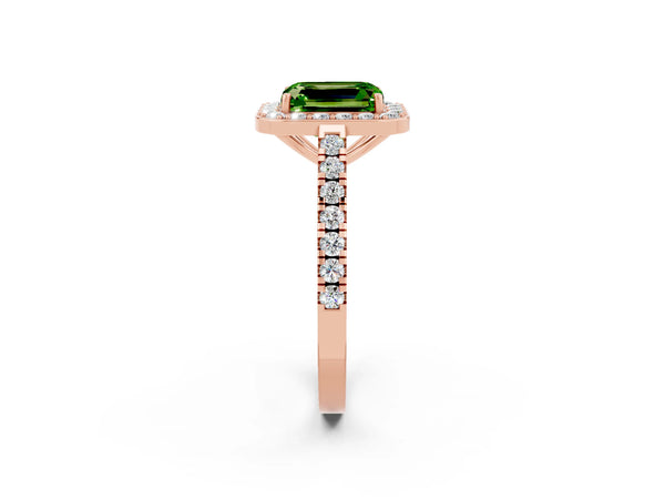Rose gold Emerald Cut Halo Diamond Ring with Pavé Band and Three-Prong Setting