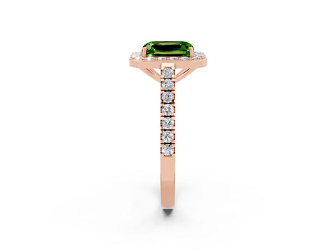 Rose gold Emerald Cut Halo Diamond Ring with Pavé Band and Three-Prong Setting_2