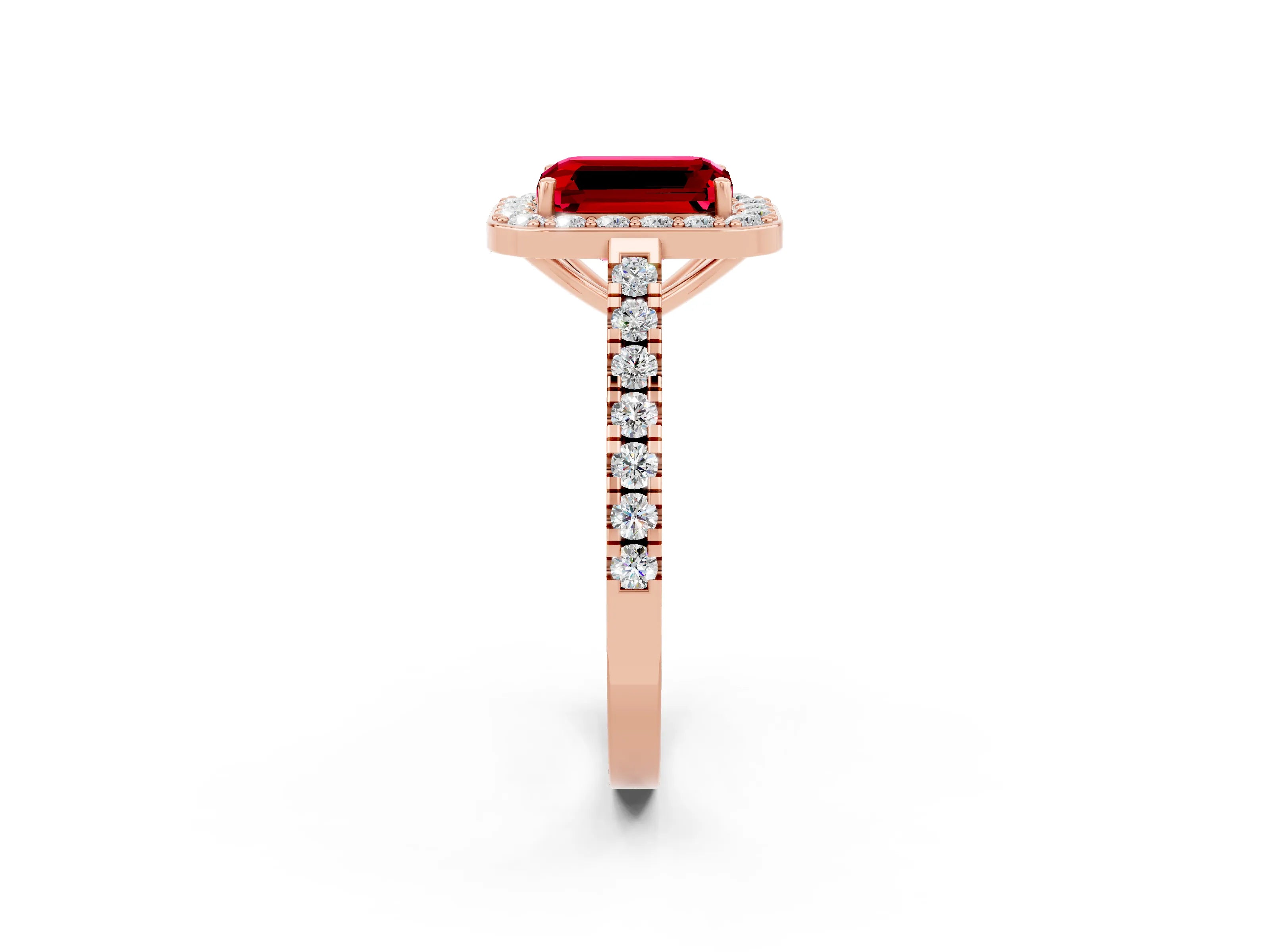 Rose gold Emerald Cut Halo Diamond Ring with Pavé Band and Three-Prong Setting_2
