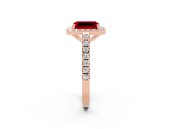 Rose gold Emerald Cut Ruby Halo Ring with Round Pavé Split Shank and Prong Setting