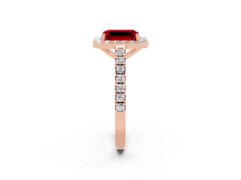 Rose gold Emerald Cut Halo Diamond Ring with Pavé Band and Three-Prong Setting_2