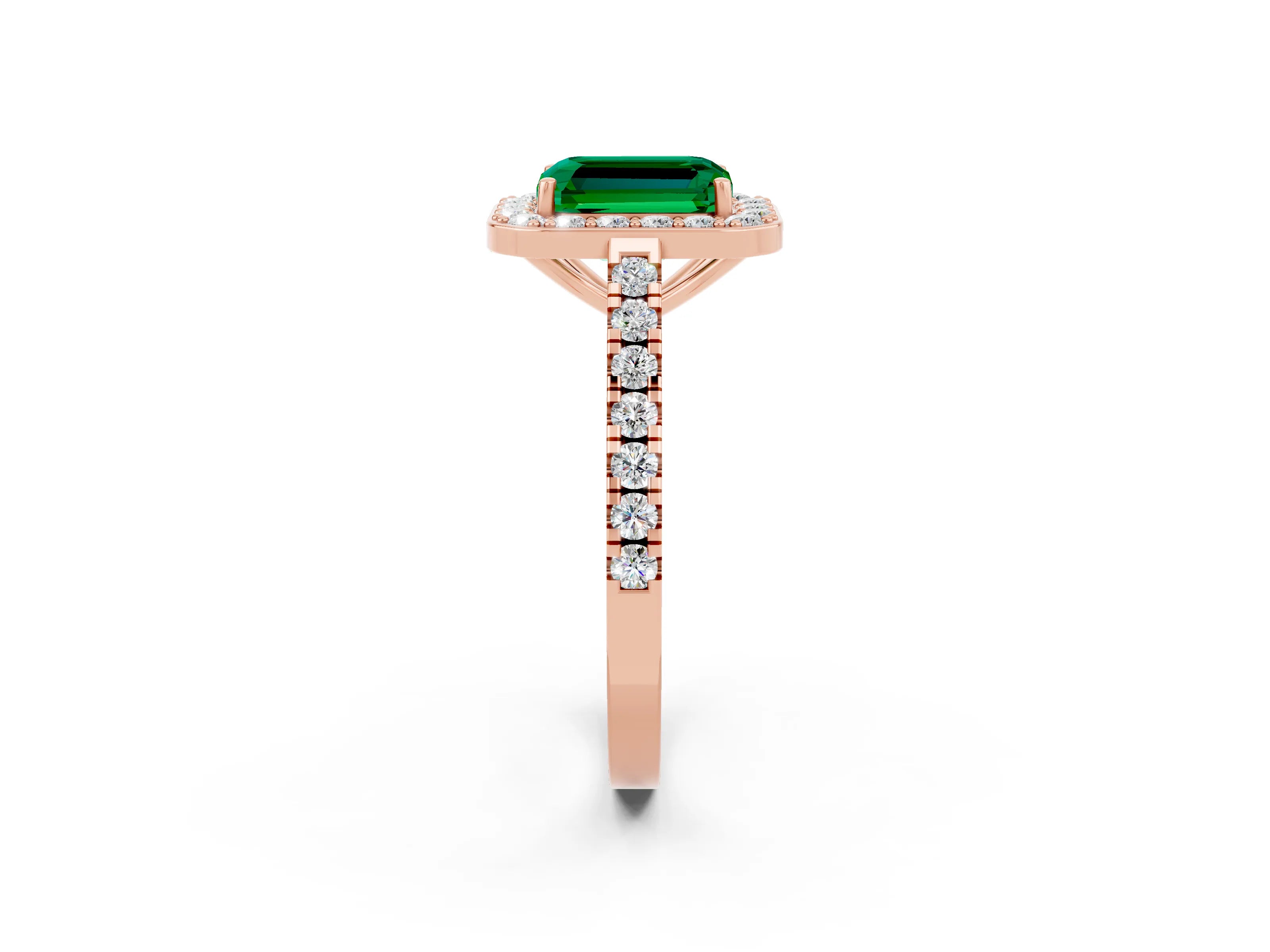 Rose gold Emerald Cut Halo Diamond Ring with Pavé Band and Three-Prong Setting_2