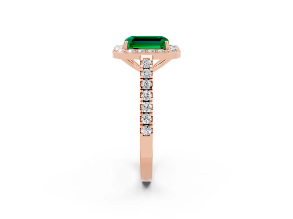 Rose gold Emerald Cut Emerald Halo Ring with Round Pavé Split Shank and Prong Setting
