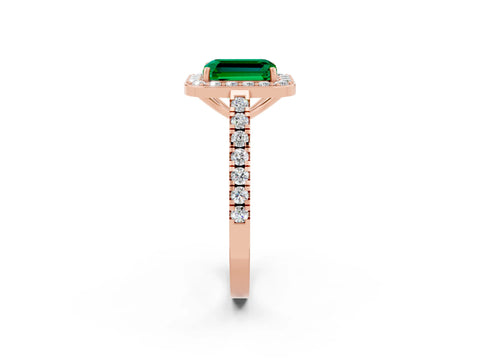 Rose gold Emerald Cut Halo Diamond Ring with Pavé Band and Three-Prong Setting_2