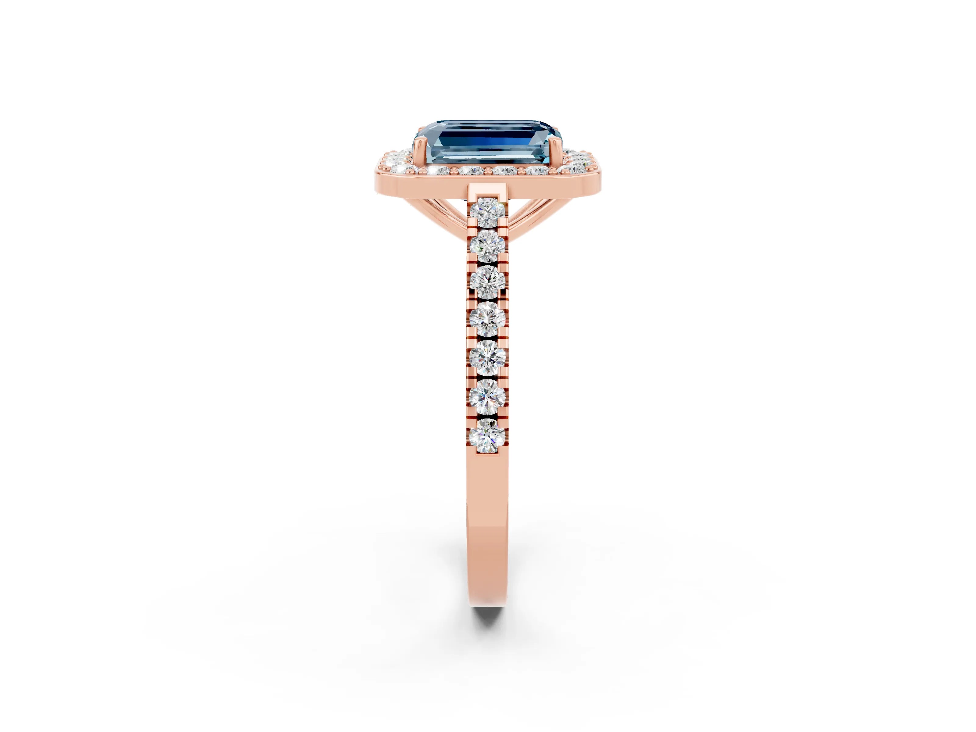 Rose gold Emerald Cut Halo Diamond Ring with Pavé Band and Three-Prong Setting_2