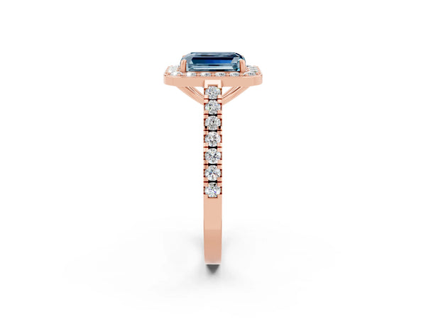 Rose gold Emerald Cut Aquamarine Halo Ring with Round Pavé Split Shank and Prong Setting