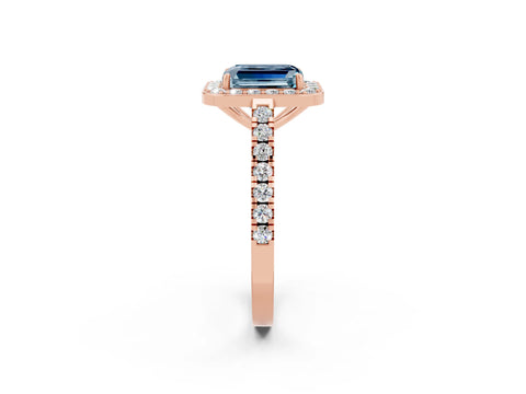 Rose gold Emerald Cut Halo Diamond Ring with Pavé Band and Three-Prong Setting_2