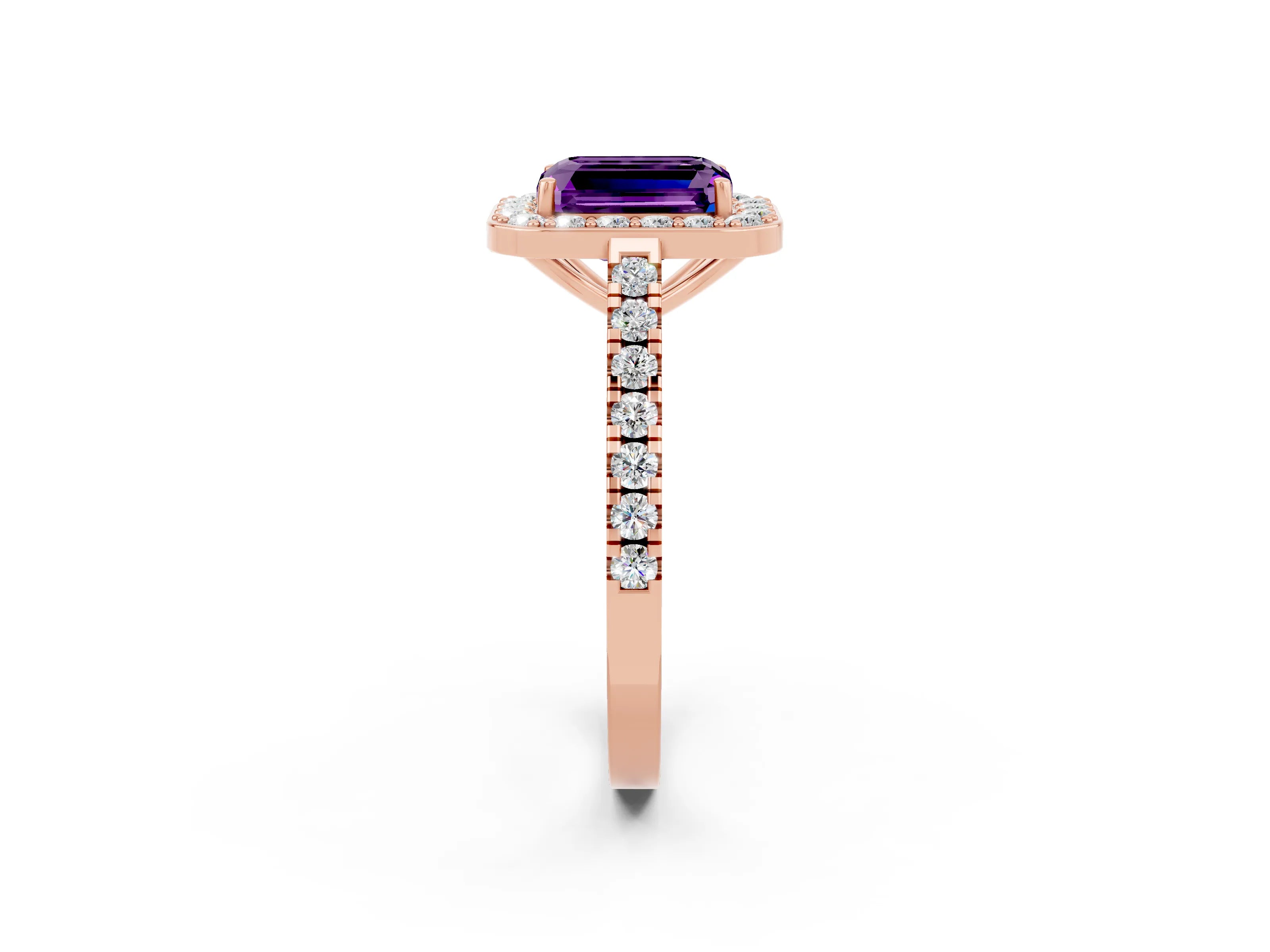 Rose gold Emerald Cut Halo Diamond Ring with Pavé Band and Three-Prong Setting_2