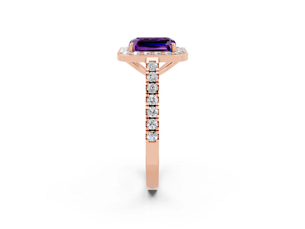 Rose gold Emerald Cut Amethyst Halo Ring with Round Pavé Split Shank and Prong Setting