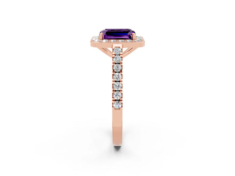 Rose gold Emerald Cut Halo Diamond Ring with Pavé Band and Three-Prong Setting_2