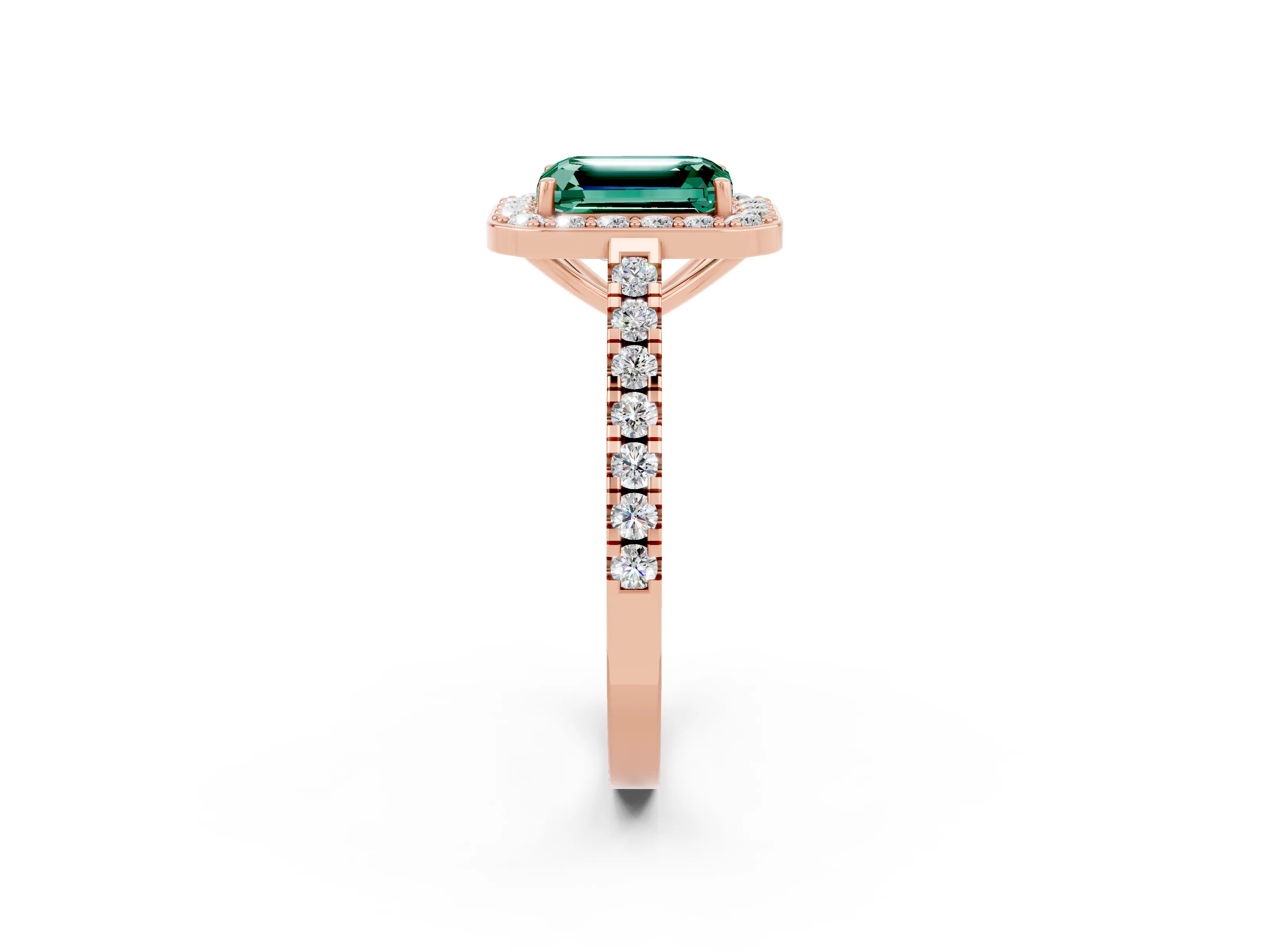 Rose gold Emerald Cut Halo Diamond Ring with Pavé Band and Three-Prong Setting_2
