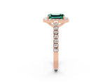 Rose gold Emerald Cut Halo Diamond Ring with Pavé Band and Three-Prong Setting_2