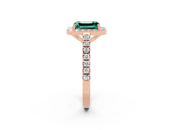 Rose gold Emerald Cut Green Sapphire Halo Ring with Round Pavé Split Shank and Prong Setting