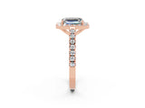 Rose gold Emerald Cut Halo Diamond Ring with Pavé Band and Three-Prong Setting_2