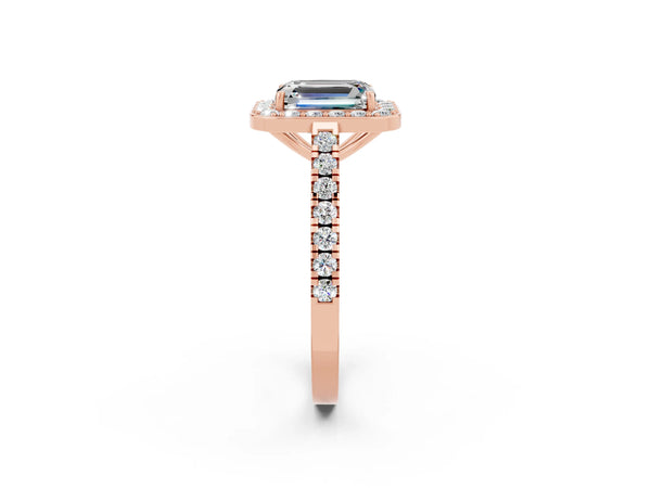 Rose gold Emerald Cut Moissanite Halo Ring with Round Pavé Split Shank and Prong Setting
