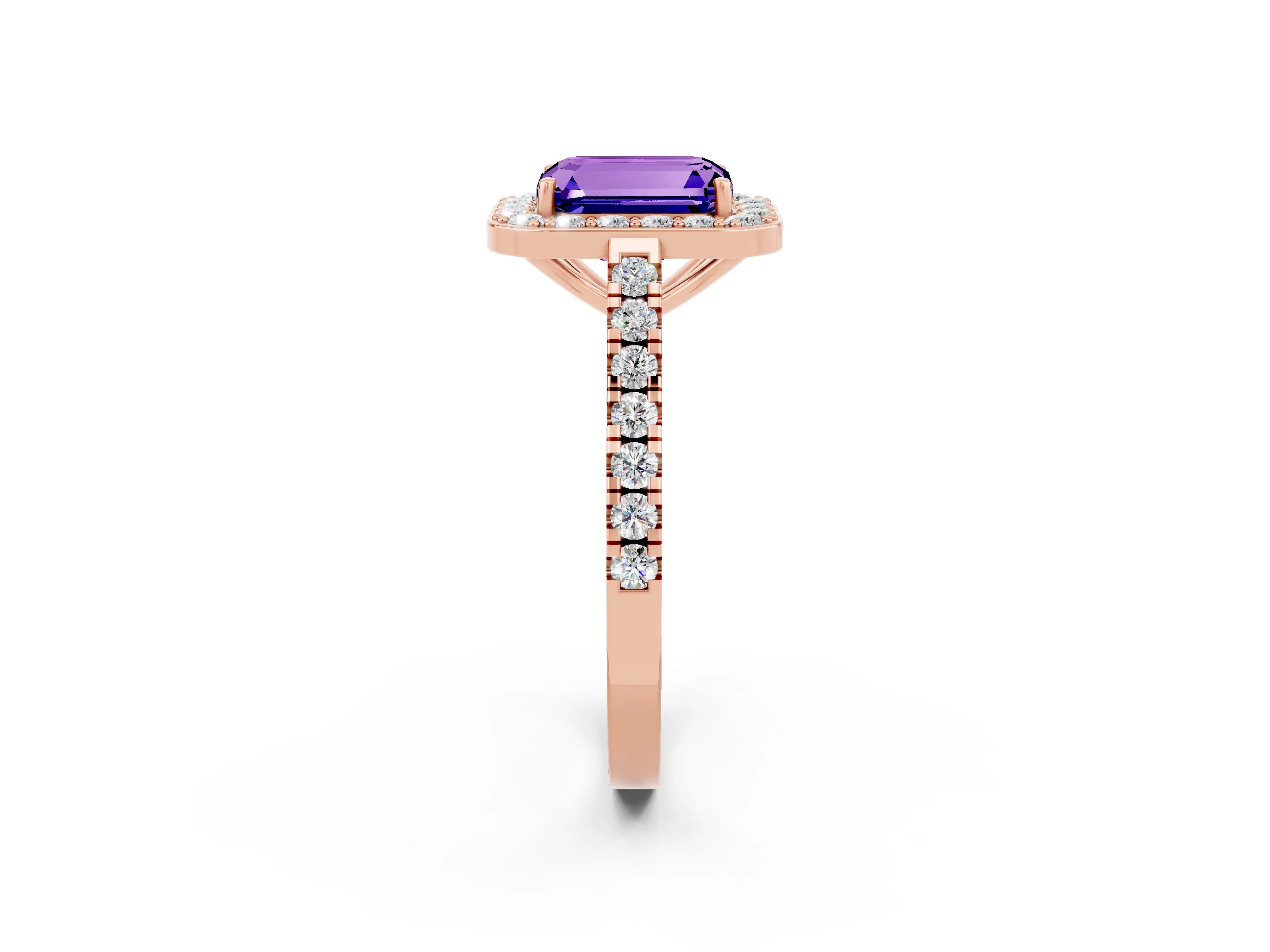 Rose gold Emerald Cut Halo Diamond Ring with Pavé Band and Three-Prong Setting_2