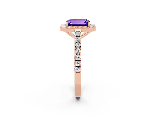 Rose gold Emerald Cut Tanzanite Halo Ring with Round Pavé Split Shank and Prong Setting