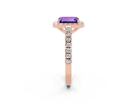 Rose gold Emerald Cut Halo Diamond Ring with Pavé Band and Three-Prong Setting_2