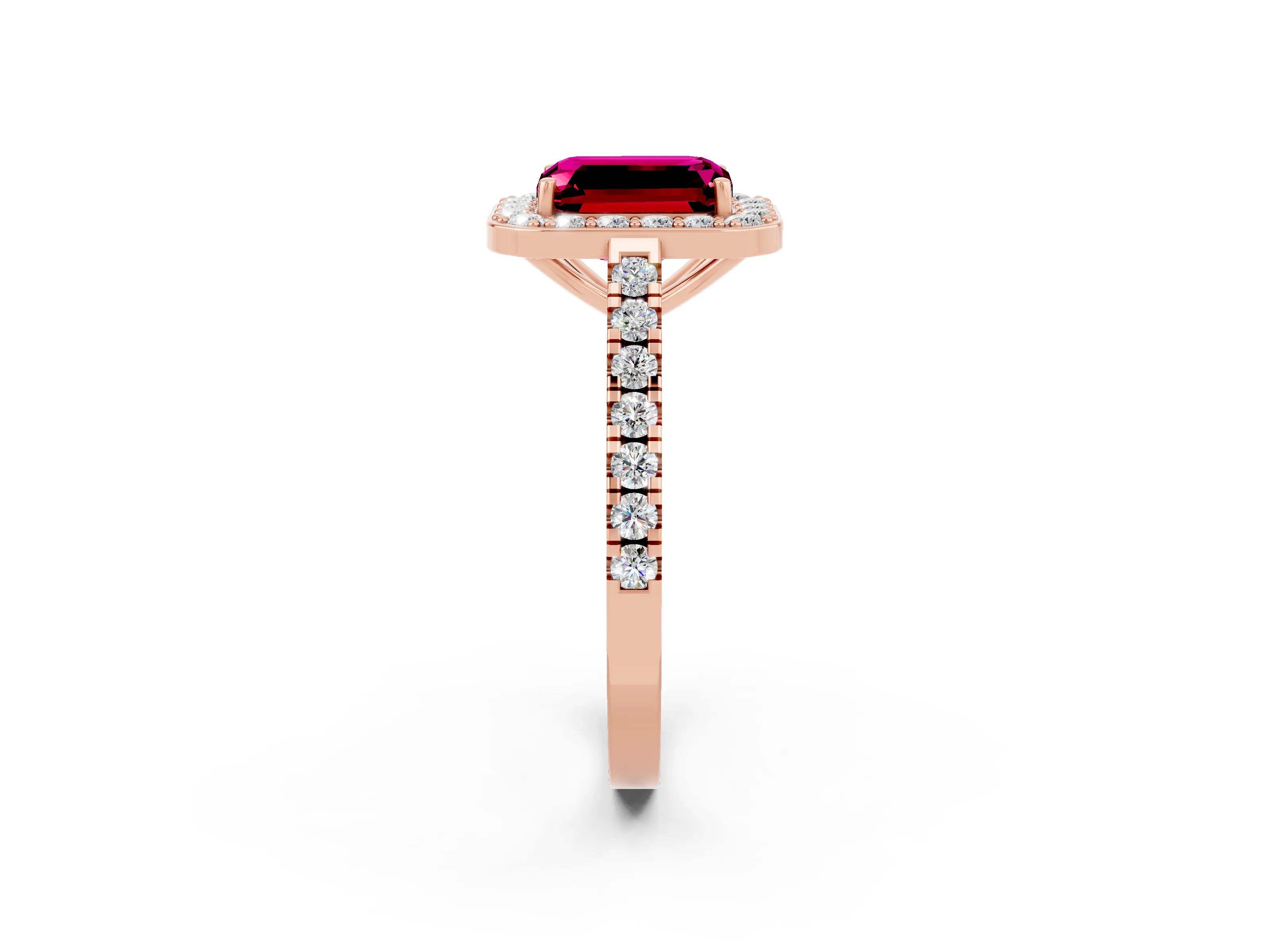 Rose gold Emerald Cut Halo Diamond Ring with Pavé Band and Three-Prong Setting_2