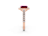 Rose gold Emerald Cut Halo Diamond Ring with Pavé Band and Three-Prong Setting_2