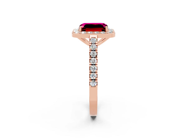 Rose gold Emerald Cut Garnet Halo Ring with Round Pavé Split Shank and Prong Setting