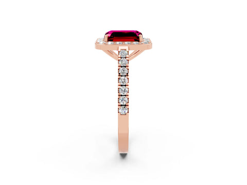 Rose gold Emerald Cut Halo Diamond Ring with Pavé Band and Three-Prong Setting_2
