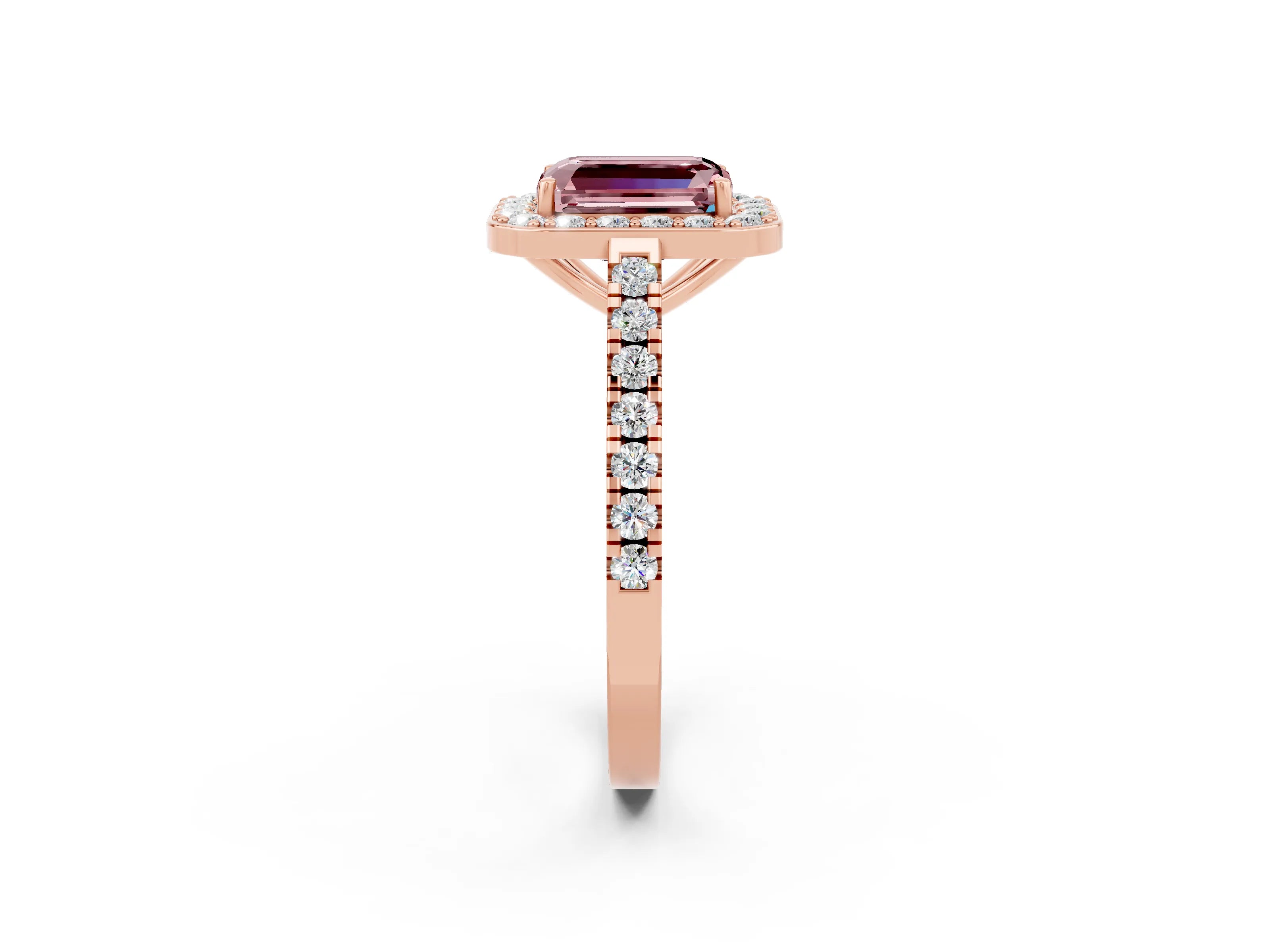 Rose gold Emerald Cut Halo Diamond Ring with Pavé Band and Three-Prong Setting_2