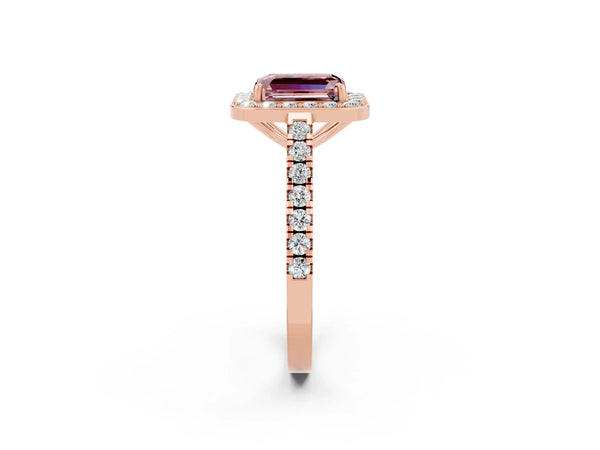 Rose gold Emerald Cut Halo Diamond Ring with Pavé Band and Three-Prong Setting