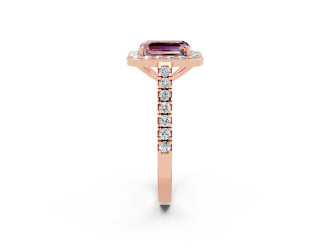 Rose gold Emerald Cut Halo Diamond Ring with Pavé Band and Three-Prong Setting_2