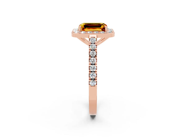 Rose gold Emerald Cut Citrine Halo Ring with Round Pavé Split Shank and Prong Setting