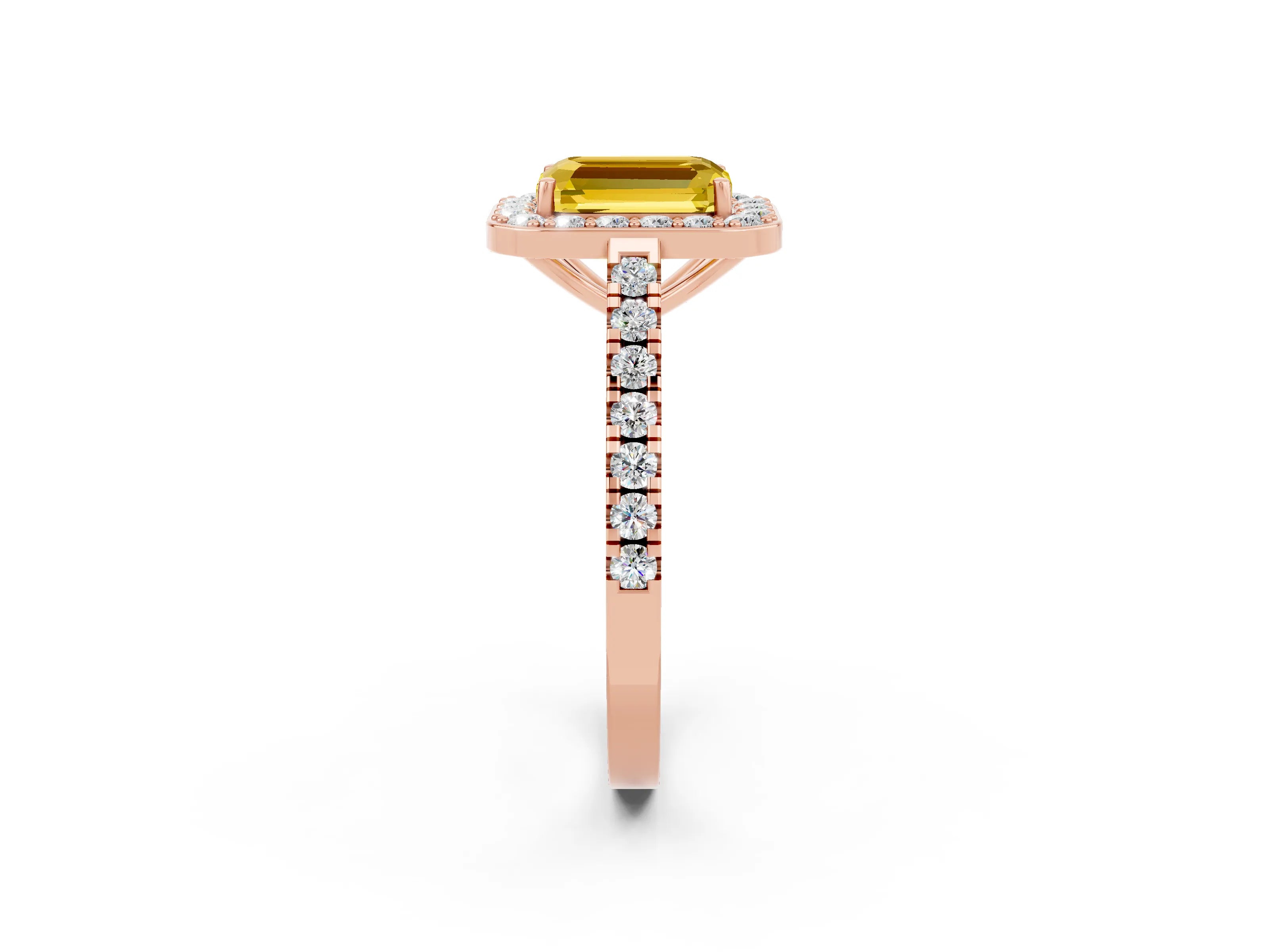 Rose gold Emerald Cut Halo Diamond Ring with Pavé Band and Three-Prong Setting_2