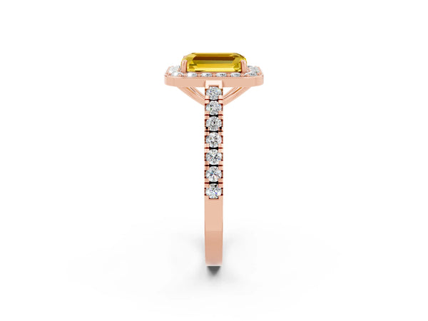 Rose gold Emerald Cut Yellow Sapphire Halo Ring with Round Pavé Split Shank and Prong Setting