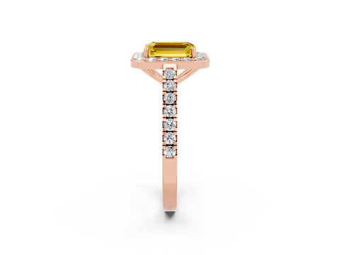 Rose gold Emerald Cut Halo Diamond Ring with Pavé Band and Three-Prong Setting_2