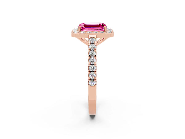 Rose gold Emerald Cut Pink Sapphire Halo Ring with Round Pavé Split Shank and Prong Setting