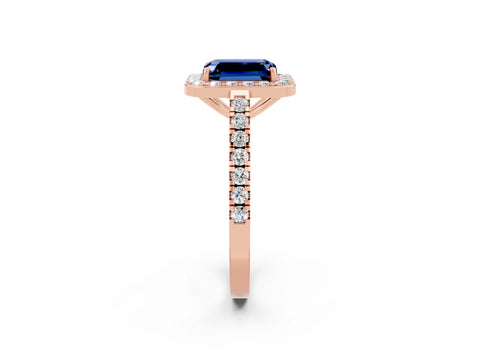 Rose gold Emerald Cut Halo Diamond Ring with Pavé Band and Three-Prong Setting_2