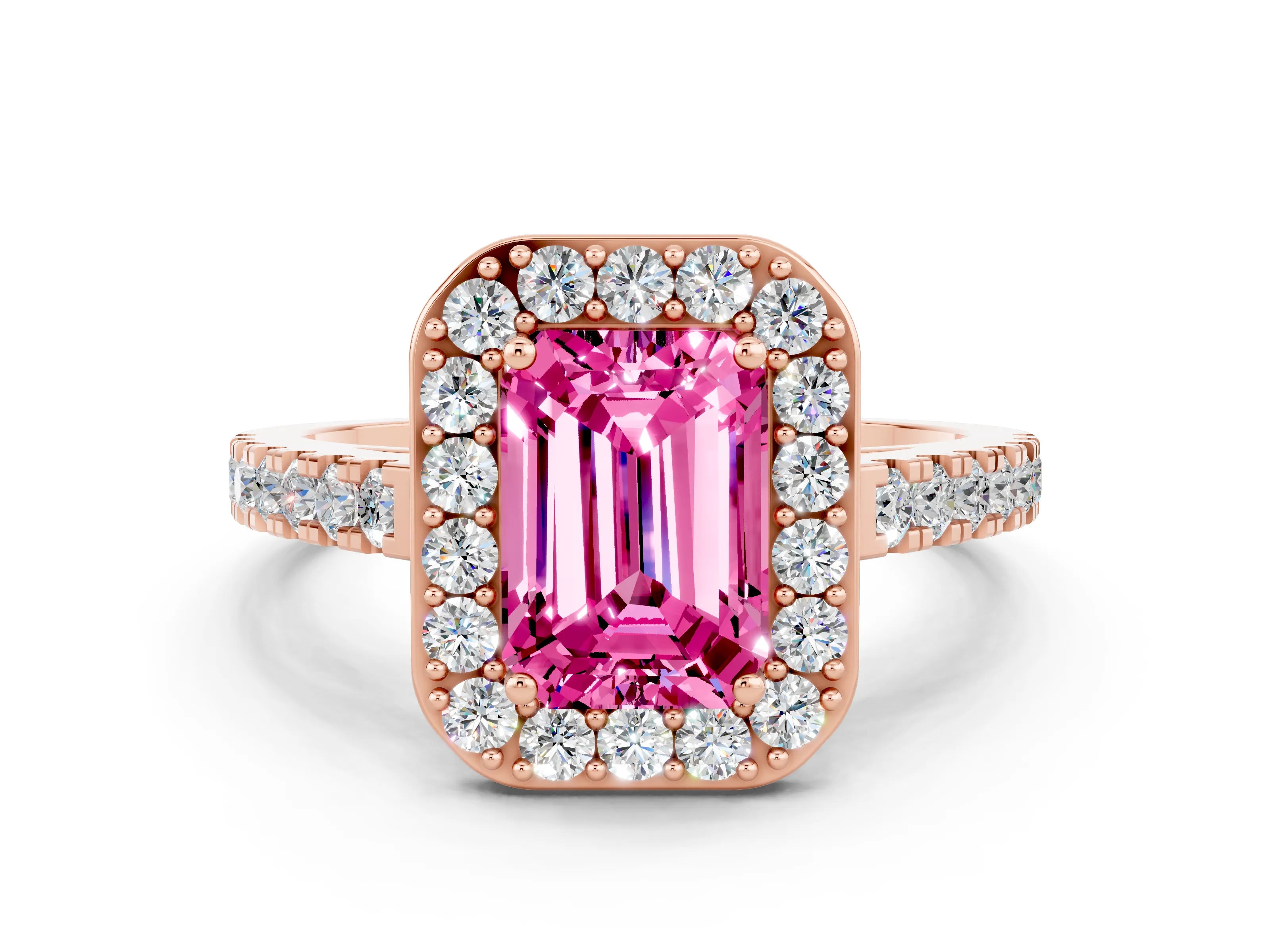 Rose gold Emerald Cut Halo Diamond Ring with Pavé Band and Three-Prong Setting